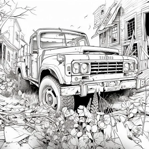 Abandoned old truck in ruined urban scene, realistic sketch style — free printable vehicles coloring book page