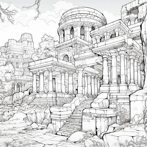 Ancient european architectural ruins, realistic sketch style — realistic style — highly detailed — line art coloring page — for kids and adults of all ages