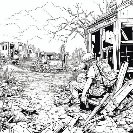 Rescue worker sitting in ruins, realistic style — free printable disaster relief coloring book page