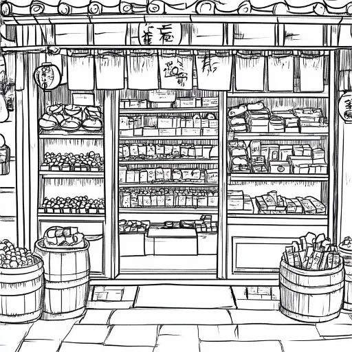 Coloring book page, traditional japanese grocery store — moderate detail — line art coloring page — for kids and adults of all ages
