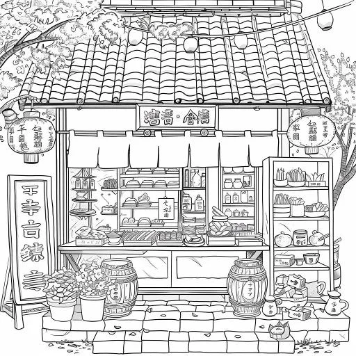 Japanese traditional food shop, japanese anime illustration style — cartoon style — moderate detail — line art coloring page — for kids and adults of all ages