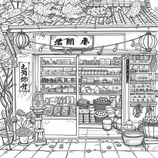 Vintage chinese grocery store, realistic line art style — realistic style — moderate detail — line art coloring page — for kids and adults of all ages
