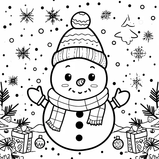 Cute snowman with knitted hat and scarf, cartoon style — cartoon style — beginner-friendly — line art coloring page — for kids and adults of all ages