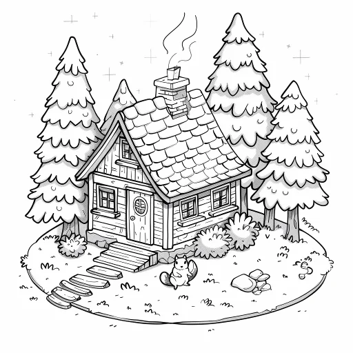 Cozy forest cabin with a cute squirrel, cartoon style — free printable mammals coloring book page