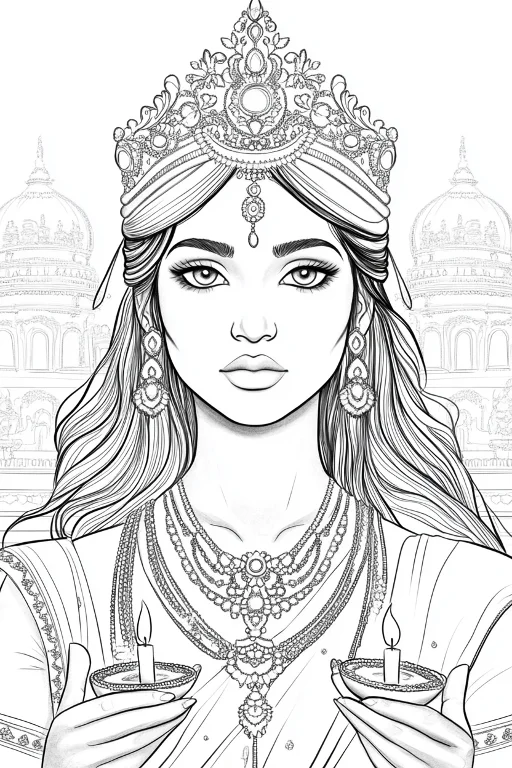 Indian woman in traditional finery holding oil lamps, indian cultural style — realistic style — moderate detail — line art coloring page — for kids and adults of all ages