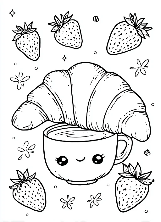 Cute anthropomorphic mug with a croissant on top, cartoon style — free printable coloring page