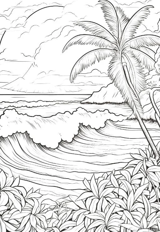Tropical ocean landscape, realistic line art style — realistic style — moderate detail — line art coloring page — for kids and adults of all ages
