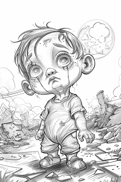 Injured cartoon zombie kid standing in post-apocalyptic ruins, dark cartoon style — cartoon style — moderate detail — line art coloring page — for teens and adults