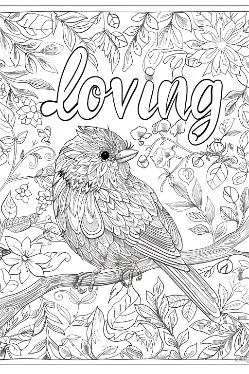 Cute bird perched on a tree branch, surrounded by delicate flowers — free printable warmth coloring book page