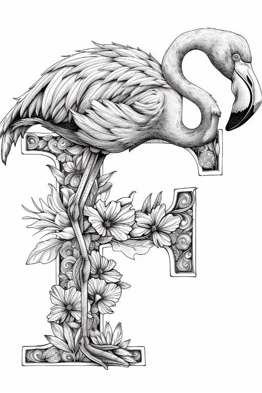 Flamingo integrated with letter f decorated with flowers and leaves, hand-drawn illustration style — moderate detail — line art coloring page — for kids and adults of all ages