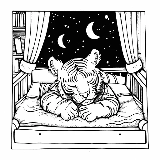 Sleeping tiger lying on bed, cartoon style — free printable sleep coloring book page