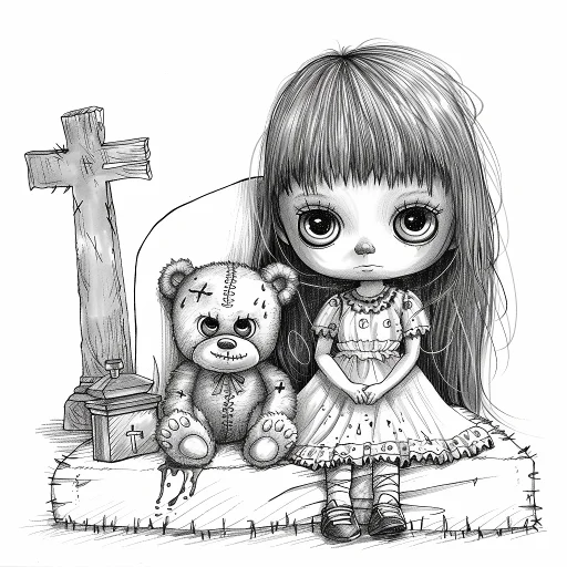 Big-eyed dark girl with stitched injured teddy bear, hand-drawn cartoon horror style — free printable graveyard coloring book page