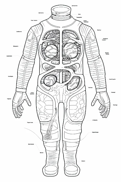 Headless spacesuit with internal human anatomy, realistic sci-fi style — realistic style — highly detailed — line art coloring page — for teens and adults