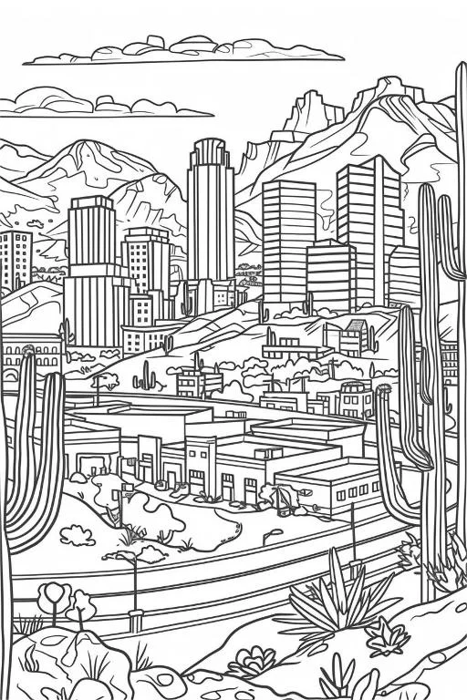 Cityscape in desert mountains, realistic line art style — realistic style — moderate detail — line art coloring page — for kids and adults of all ages