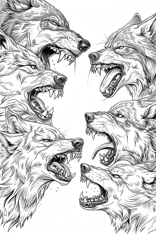Roaring wolf heads, realistic sketch style — realistic style — highly detailed — line art coloring page — for teens and adults