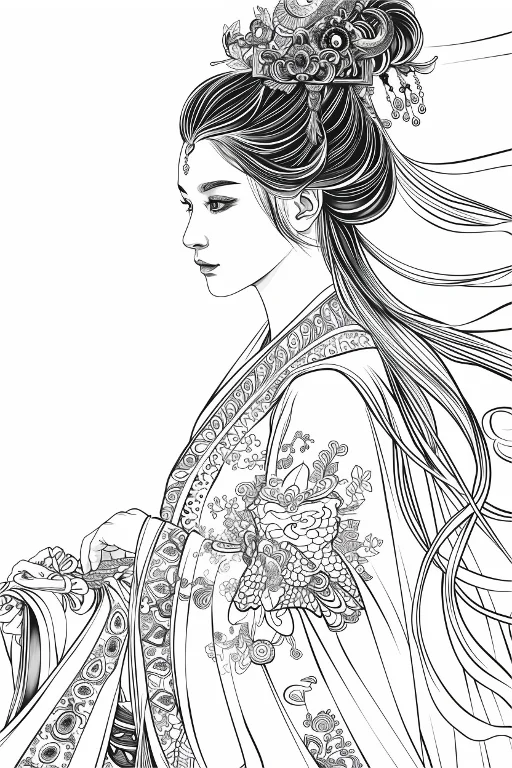 Ancient chinese style noble lady with elaborate hairstyle and ornate hairpin, traditional hanfu with intricate chinese floral patterns and dragon motifs — free printable classical coloring book page