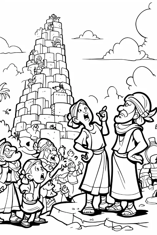 Ancient people building the tower of babel, cartoon style — free printable ancient scene coloring book page