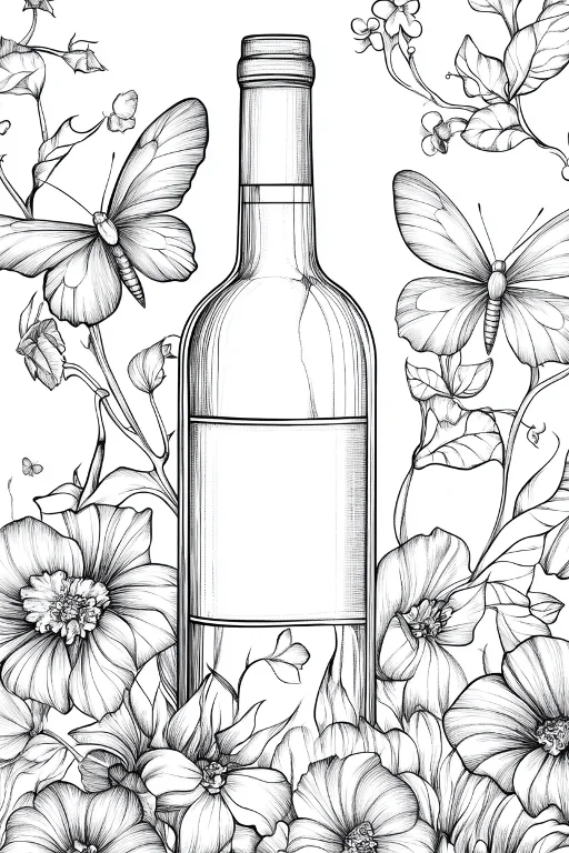 Wine bottle surrounded by flowers and butterflies, sketch style — moderate detail — line art coloring page — for kids and adults of all ages