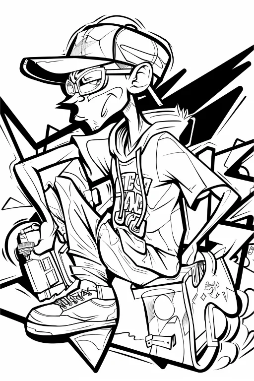 Cartoon street graffiti boy wearing baseball cap and glasses, holding spray can — free printable trendy culture coloring book page