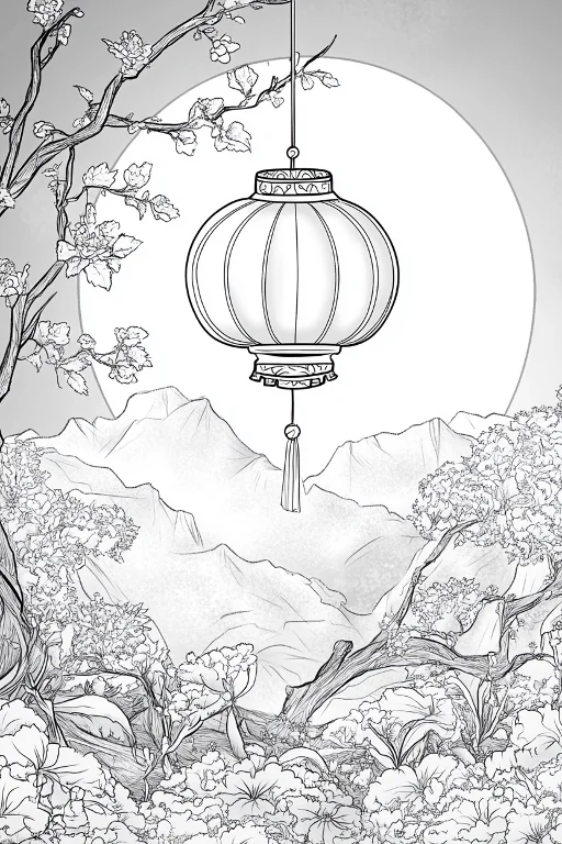 Coloring book page, traditional chinese lantern hanging from flowering tree branch — moderate detail — line art coloring page — for kids and adults of all ages