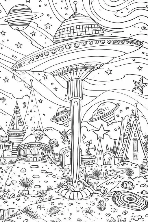 Giant ufo over alien city, sci-fi fantasy style — free printable alien world coloring book page