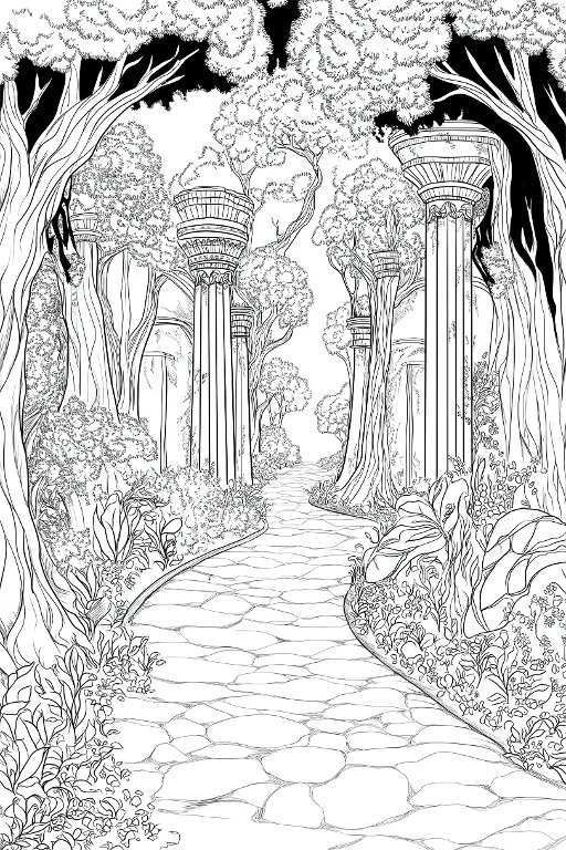 Classical stone path in a magical forest with ancient columns, fantasy and european classical art style — free printable classical architecture coloring book page