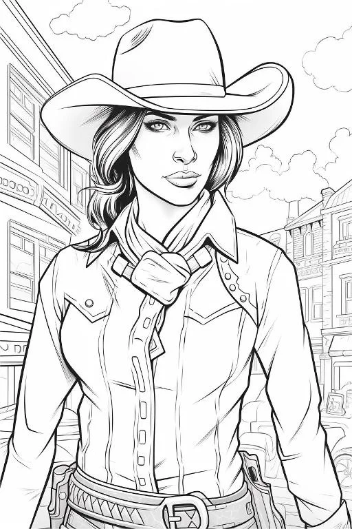 Cowgirl with cowboy hat and bandana, american western style — realistic style — moderate detail — line art coloring page — for kids and adults of all ages