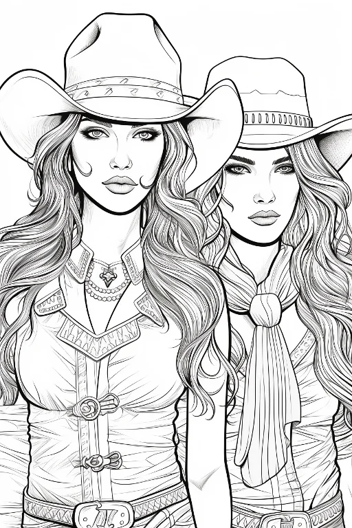 Two stylish western cowgirl women with long curly hair, realistic american western style — realistic style — moderate detail — line art coloring page — for teens and adults