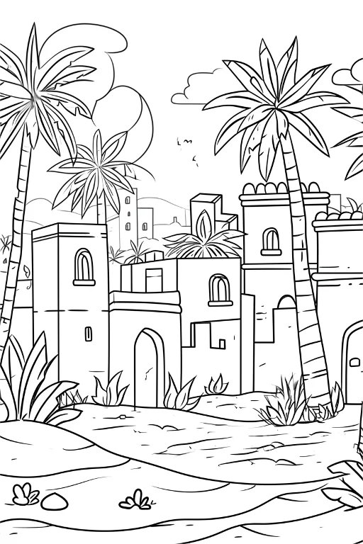 Middle eastern town in desert, surrounded by palm trees and desert plants — free printable coloring page