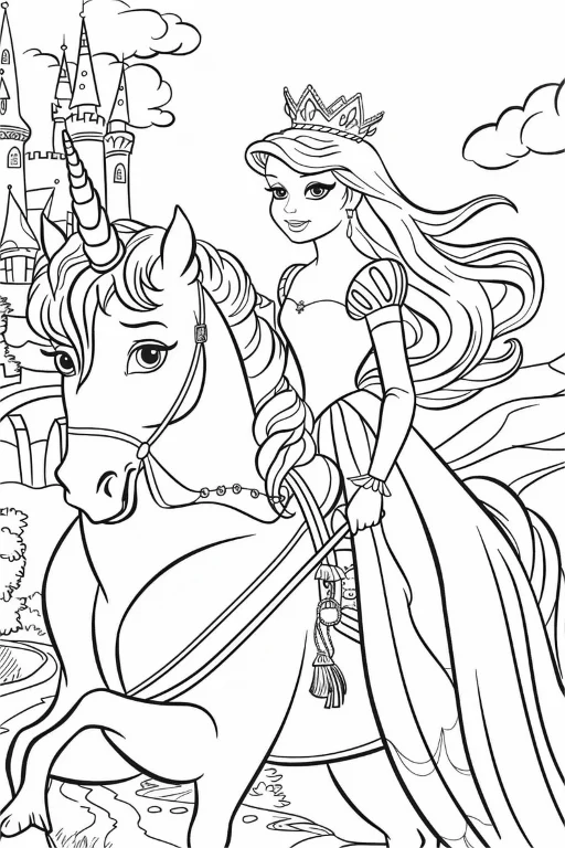 Princess riding a unicorn, cartoon style — free printable unicorn coloring book page