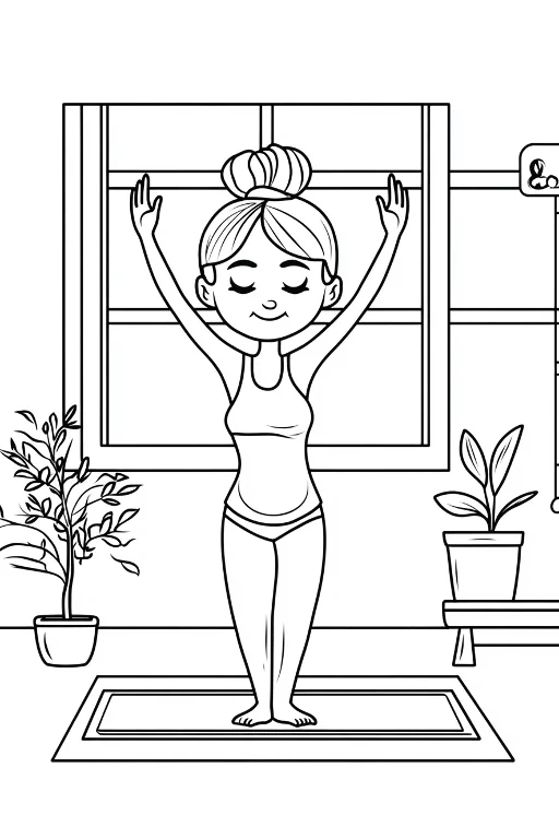 Girl with bun hairstyle doing yoga, cartoon style — free printable fitness coloring book page