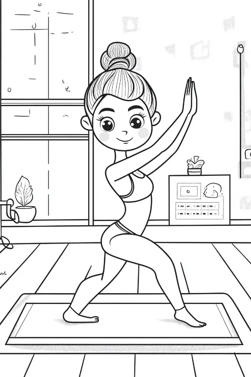 Cartoon girl doing yoga, cute cartoon style — cartoon style — beginner-friendly — line art coloring page — for kids and adults of all ages