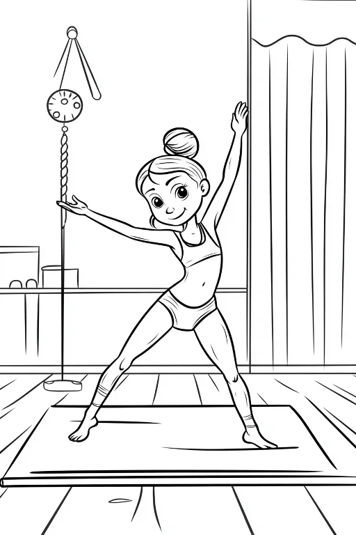 Girl doing yoga on a mat in a fitness studio, cartoon style — free printable fitness coloring book page