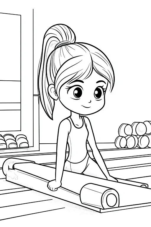 Cartoon fitness girl with ponytail, cartoon style — free printable fitness coloring book page