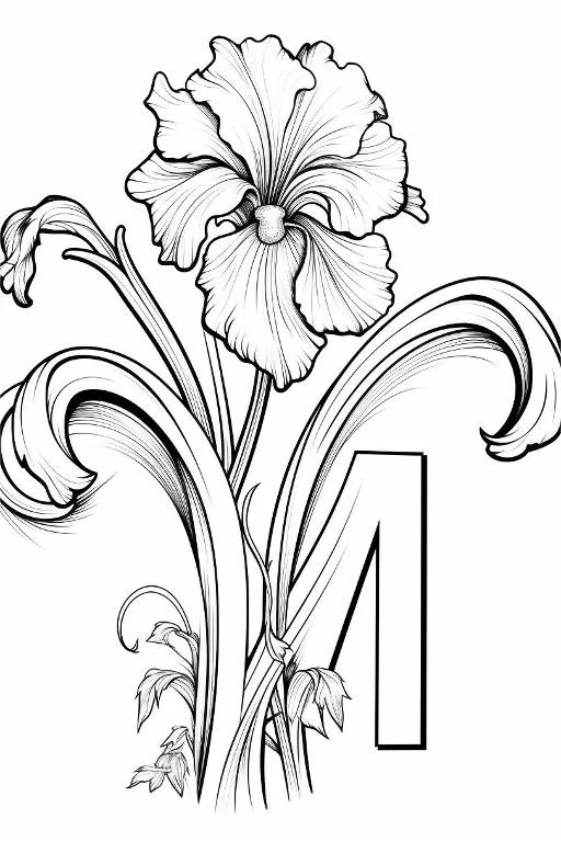 Iris flower with letter n, line art style — moderate detail — line art coloring page — for kids and adults of all ages