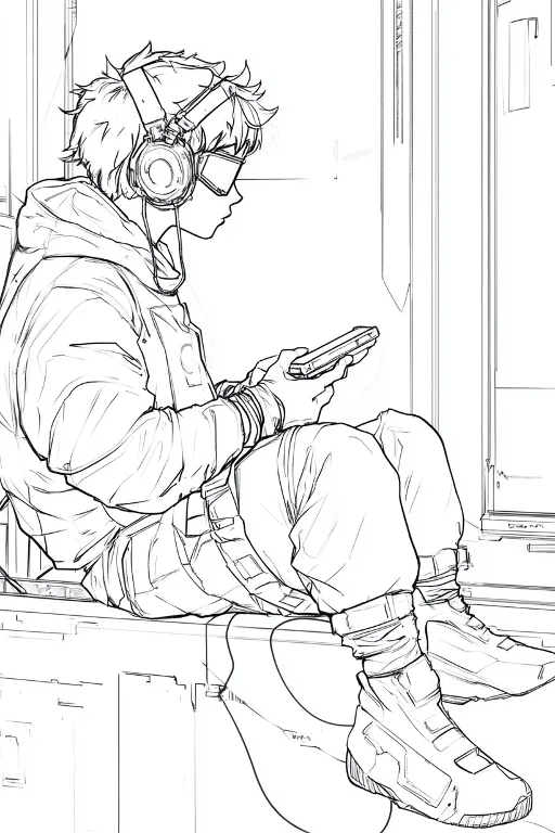 Cyberpunk boy with headphones and goggles, sitting on subway platform holding a smartphone — free printable daily commute coloring book page