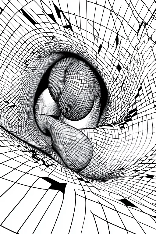Abstract swirling sphere with distorted geometric grid lines, abstract art style — free printable chaos coloring book page