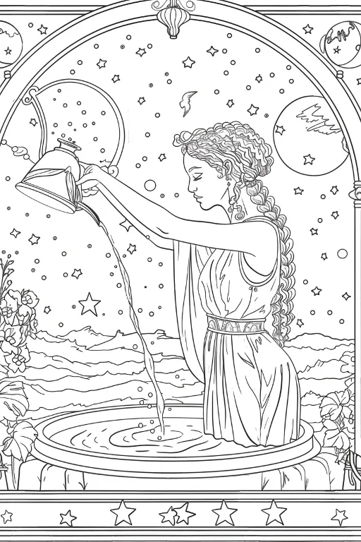 Mythological woman pouring water, classic fantasy illustration style — free printable constellations coloring book page
