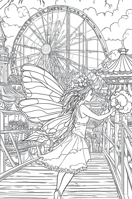 Fairy with butterfly wings walking on bridge in amusement park, fairy tale cartoon style — cartoon style — moderate detail — line art coloring page — for kids and adults of all ages