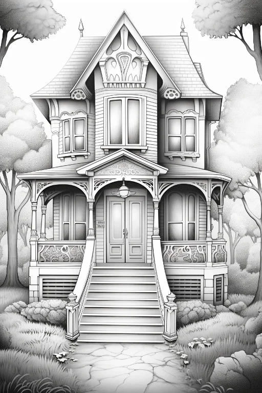 Vintage carved detached cottage, retro realistic style — free printable scene theme coloring book page