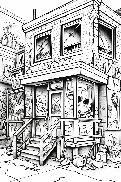 Creepy abandoned small shop, cartoon graffiti horror style — free printable abandoned buildings coloring book page