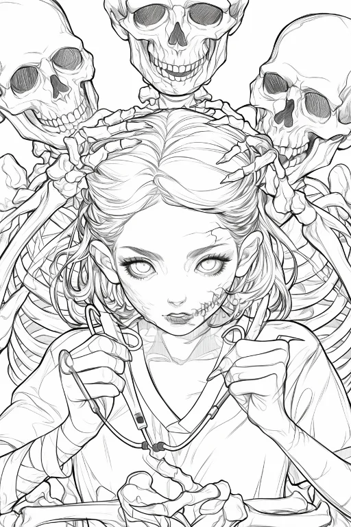 Nurse girl surrounded by skeletons, gothic anime style — anime style — highly detailed — line art coloring page — for teens and adults
