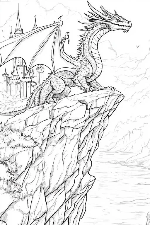 Giant dragon perched on cliff edge, fantasy style — free printable coloring page