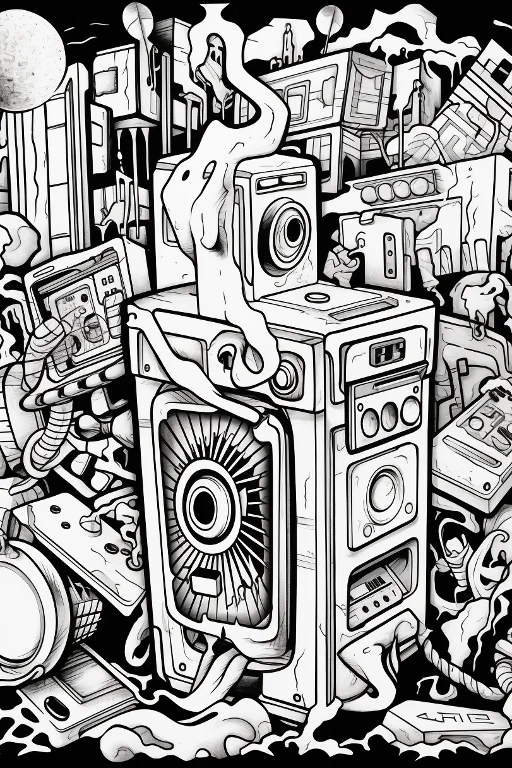 Stacked retro electronic devices including boomboxes, old game consoles — highly detailed — line art coloring page — for teens and adults