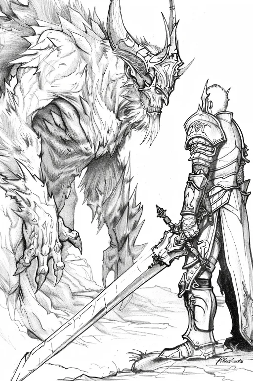 Warrior with sword facing giant horned fantasy monster, fantasy sketch style — free printable combat coloring book page