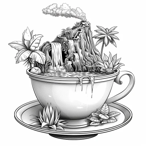 Miniature volcanic waterfall landscape inside a teacup with matching saucer, realistic line art — realistic style — moderate detail — line art coloring page — for kids and adults of all ages