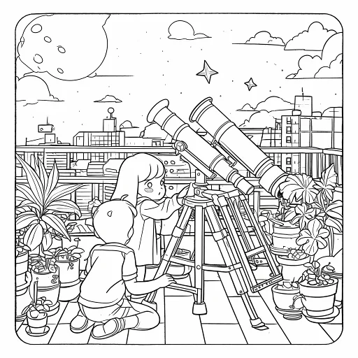 Two kids stargazing with telescopes on a rooftop, cartoon style — cartoon style — moderate detail — line art coloring page — for kids ages 3–12