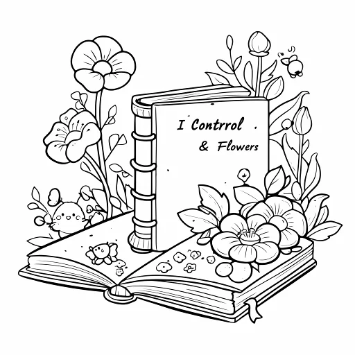 Coloring book page, cartoon style open and closed books surrounded by flowers and small insects — free printable books coloring book page